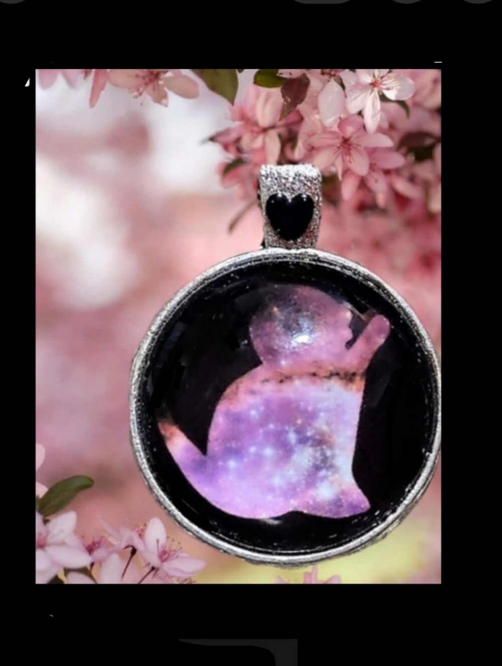 Galaxy Pink Kitty on Black Cabochon Pendant w/ Black Heart